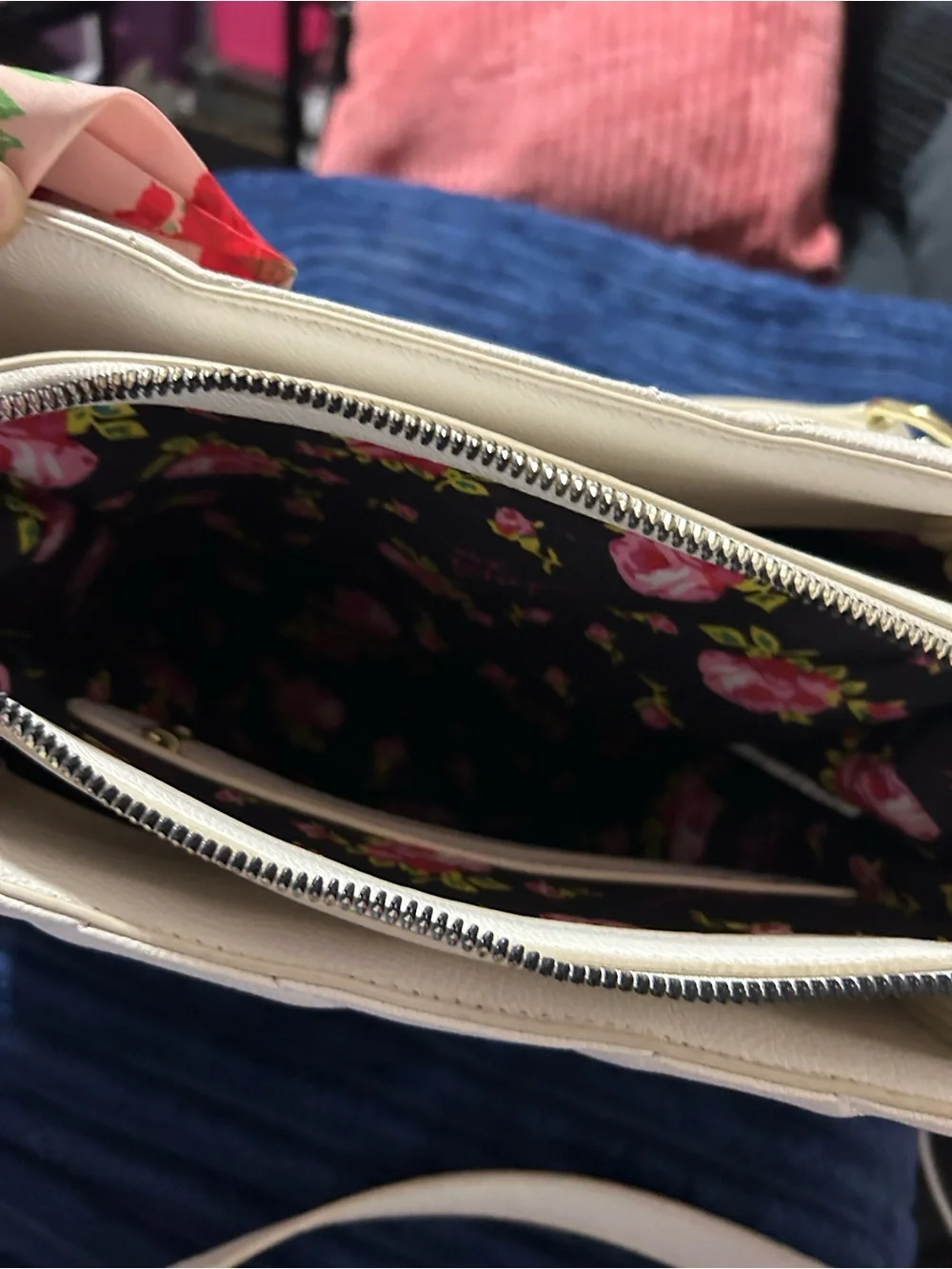 Betsey Johnson White Quilted Shoulder Bag with Pink Floral Scarf